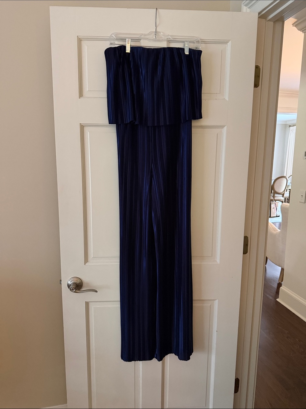 Amanda Uprichard Navy Pleated Strapless Wide-Leg Jumpsuit